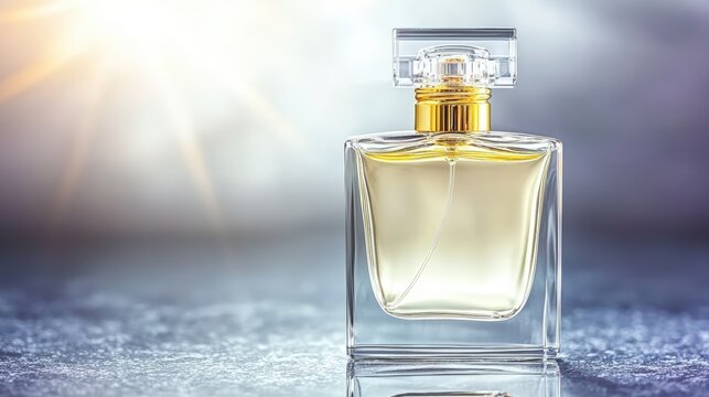 A high-end perfume bottle with a golden light flare accentuating its curves, isolated on a smooth, reflective surface