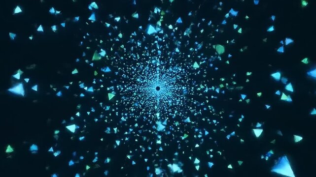Blue Triangles and Particles Forming a Galaxy.