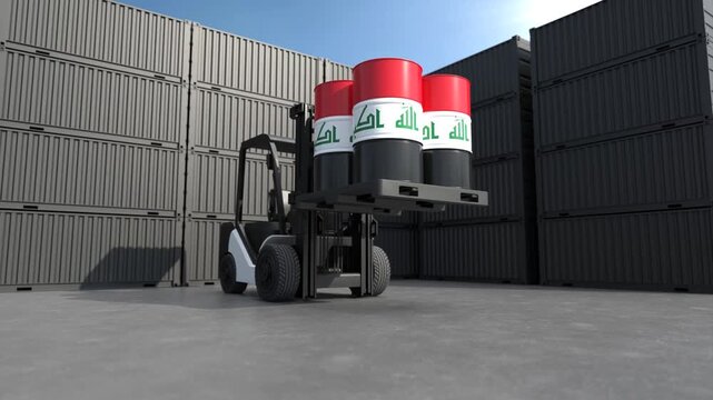 Iraq Petroleum Logistics with forklift stacking oil barrels at shipping dock. 3D Render