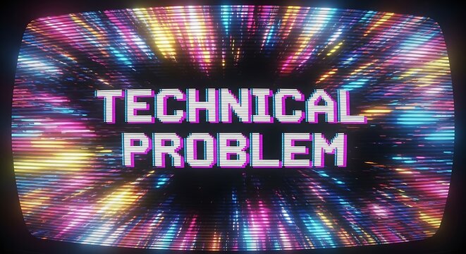 Retro tv screen with colorful exploding light patterns and 'technical problem'.