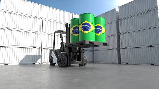 Forklift transporting Brazil oil barrels at cargo container terminal. 3D Render
