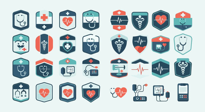 Medical Icons Set: Health, Healthcare, Cardiology, Stethoscope, Blood Pressure, Doctor Symbols