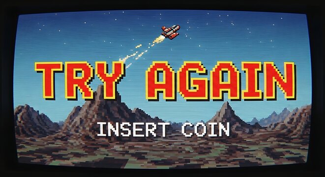 Retro arcade game screen with 'try again' and 'insert coin' prompts over a landscape with video game.