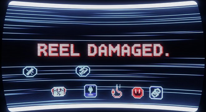 Reel damaged message on futuristic digital screen with icons.