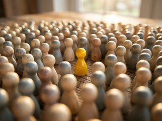 Obraz premium Golden standout: a single yellow pawn illuminated at the center of muted wooden figures, representing uniqueness, courage, and being seen within a uniform crowd