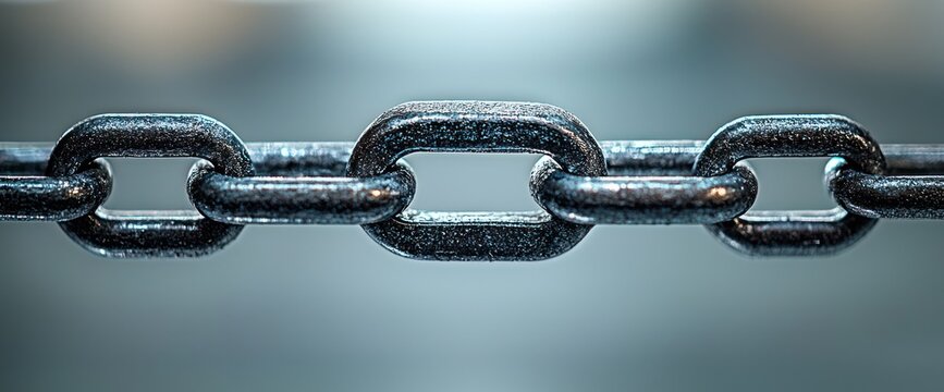 Close-up of steel chain link; blurred background; connection concept; website banner