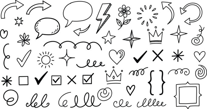 Hand drawn doodle symbols including arrows stars hearts crowns and speech bubbles.