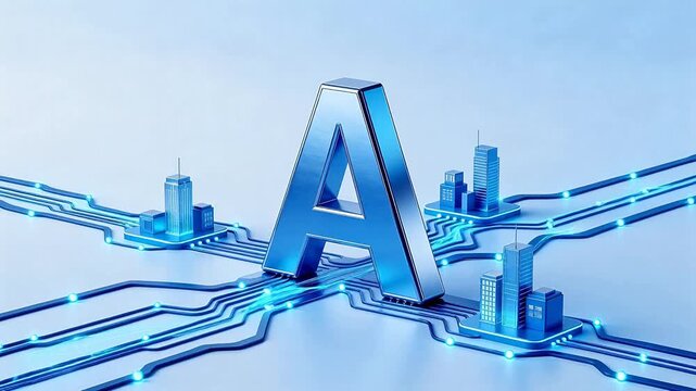 Blue letter A with cityscape and circuit