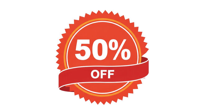Red 50 percent off sale badge, promotional discount sticker with ribbon, half price offer tag for retail marketing and seasonal shopping events isolated PNG with Transparent Background