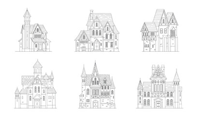 Fototapeta premium Detailed Line Art Set of Houses and Mansions with Ornate Features and Towers