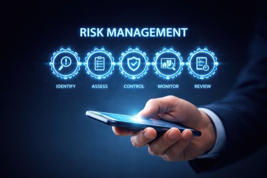 Risk Management Process Workflow with Identify Assess Control Monitor Review Icons