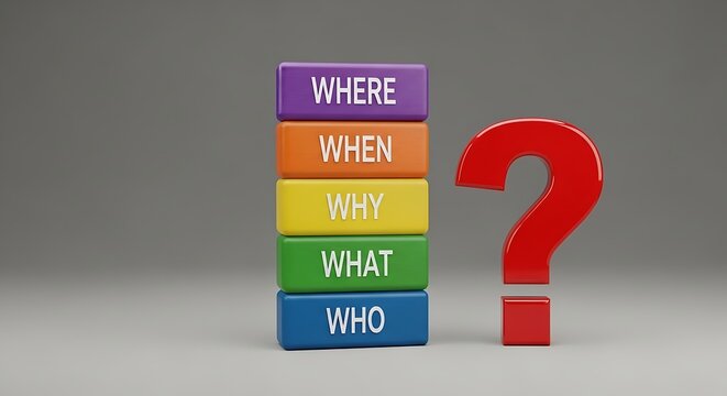 Colorful question blocks with where when why what and who labels