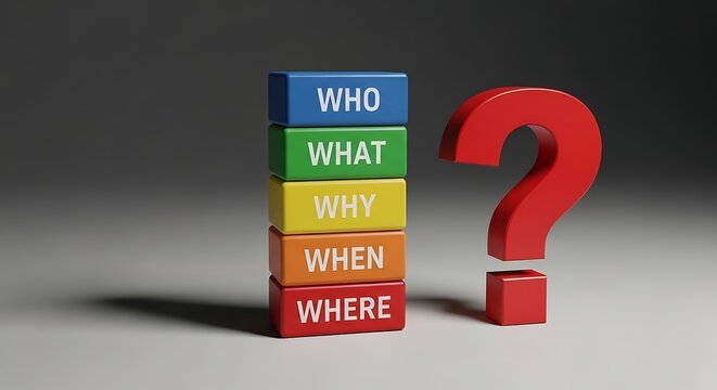 Colorful question blocks with who what why when where and question mark