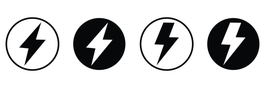 Lightning bolt icons set isolated on white background. Black flash symbol, thunderbolt vector illustration. Simple lightning strike sign eps 10.