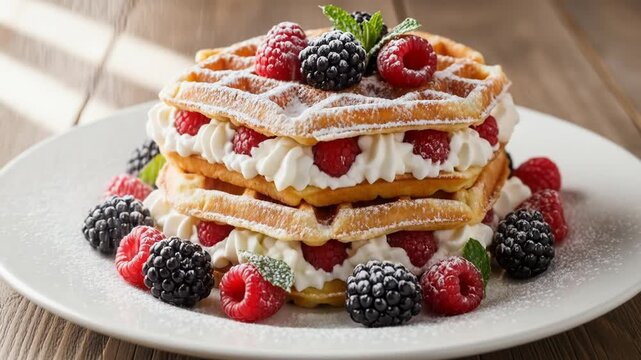 A stack of golden-brown waffles topped with whipped cream and mixed berries on a white plate