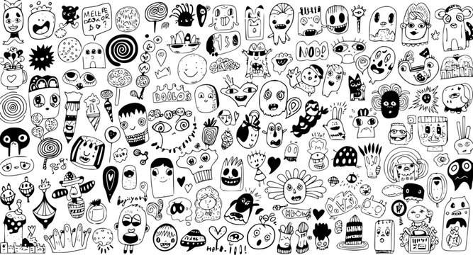 Black and White Line Art Doodle Monsters, Cute Characters, Vector Stock Icon Collection
