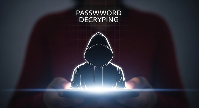 A hooded figure is involved in password decryption on a glowing smartphone in a dark setting.