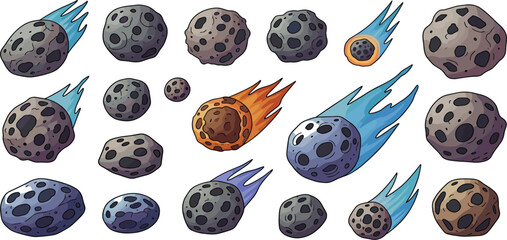 Asteroids and Meteors Collection with Fire Trails and Space Rocks, Cartoon Illustration Set for Astronomy, Space Exploration, and Cosmic Design © Nilota