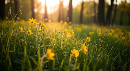 Obraz premium Field of bright yellow wildflowers in dappled sunlight, trees in background, golden hour