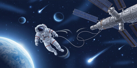 Astronaut Performing Spacewalk Near Orbital Station with Earth and Meteors Background, Outer Space Exploration Illustration for Science, Technology, and Futuristic Mission Concepts © Nilota
