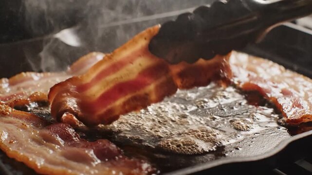 Sizzling strips of cured meat are being fried in a hot pan, releasing steam and fat as they cook to a crisp