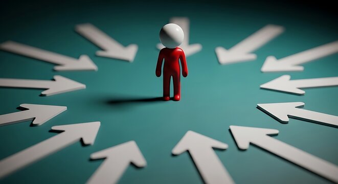 Figure in red surrounded by arrows pointing towards it on blue ground. 3D render