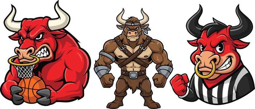 Angry Bull Mascot Character Set with Muscular Cartoon Bulls Basketball Viking Warrior and Referee Design for Sports Logo Esports Branding Vector