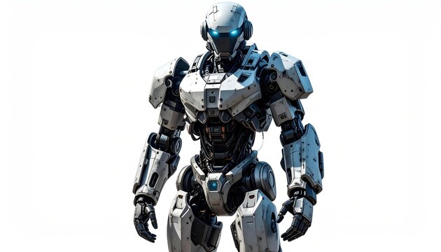 Futuristic Robot Soldier Standing Isolated.