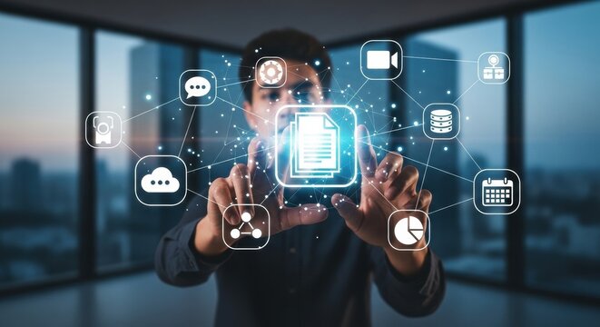 Business professional interacting with glowing digital document icon and connected app symbols, representing cloud collaboration, workflow automation and smart productivity

