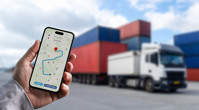 hand holding smartphone with gps navigation map for delivery route tracking, logistics management, fleet transportation planning, shipment tracking, and supply chain optimization for business operatio