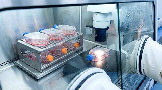 Cell Culture Flasks and Microscope in Sterile Laboratory Biosafety Cabinet