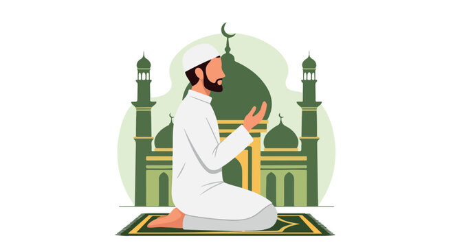 Devout Muslim man praying in front of a green mosque with tall minarets in a peaceful spiritual moment