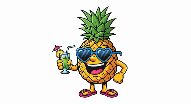 Fun, cartoon pineapple character, tropical fruit illustration, summer vacation icon, colorful mascot