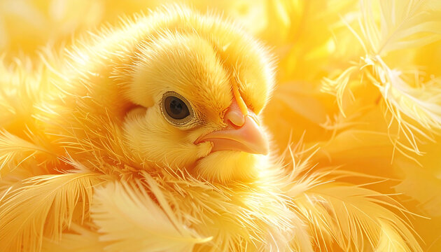 Close up of a fluffy yellow chick against a soft blurred golden background