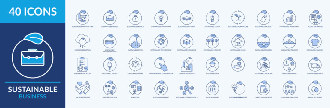 Sustainable Business icon set vector illustration. Containing icon of environmental conservation, circular economy, investment and more. Line Blue icon symbol collection