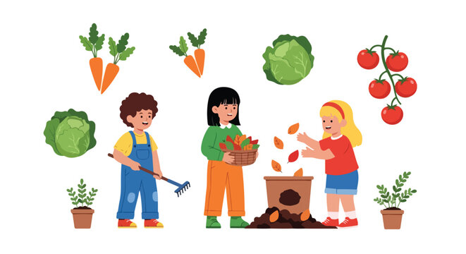A group of diverse children is gardening, harvesting vegetables like carrots and tomatoes, and raking leaves into a compost container.