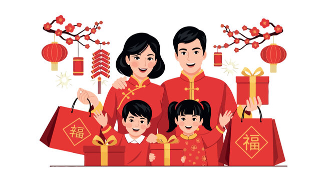 Illustration of a Chinese family in traditional red clothing with shopping bags and gifts on white background.