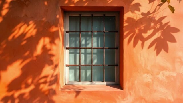 Mediterranean orange facade featuring a rusted iron window grate and dancing tree leaf shadows in bright summer sunlight.