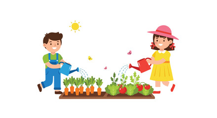 Fototapeta premium Two cheerful children are watering a vegetable garden together, with the sun shining brightly above and butterflies fluttering nearby.