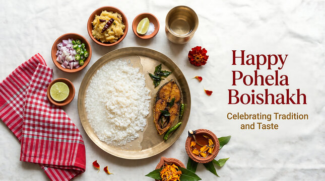 Traditional bengali new year food setup with rice fish and various side dishes on a plate and table celebrating pohela boishakh with a red and white checkered cloth
