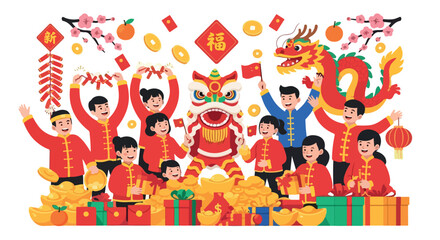 Naklejka premium Illustration of a joyful Chinese New Year celebration with people and a dragon dance performance in red and gold decorations.