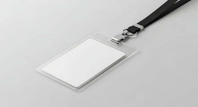 Blank identification card with a black lanyard and metal clip on a light gray background, ready for personalization.