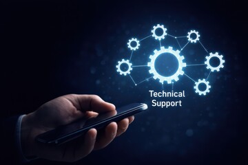 Fototapeta premium Technical Support Network with Connected Gear Icons and Mobile Device Interface