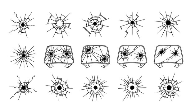 Cracked glass icons set with shattered window bullet hole and broken surface textures black and white vector