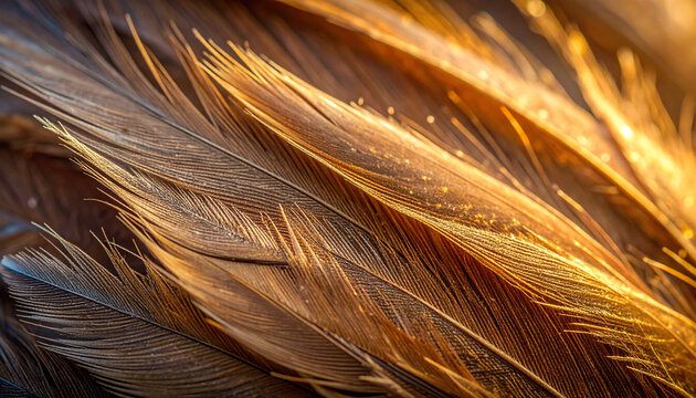 Close up of brown and golden feathers with textured details and warm lighting