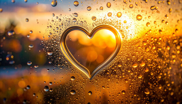 Heart shape etched on wet glass with golden sunlight background