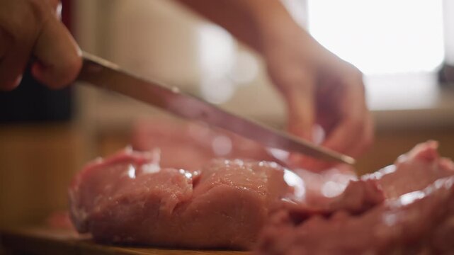 Closeup home cook slicing pork on wooden board in sunlit kitchen, steady hands guiding sharp knife, careful trimming of fat, raw meat texture, warm lighting, focused motion for family meal prep