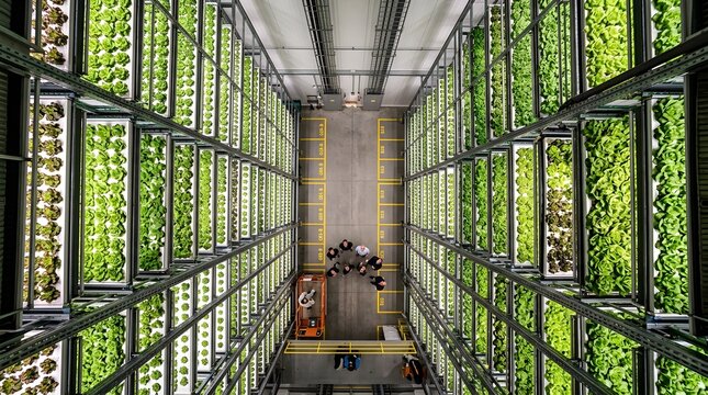 High angle indoor farm with rows of vertical hydroponic growth systems and farmers tending crops vertical farming indoor system