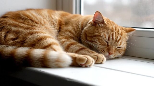 Ginger Cat Sleeping Peacefully on a Windowsill, Cozy and Relaxed