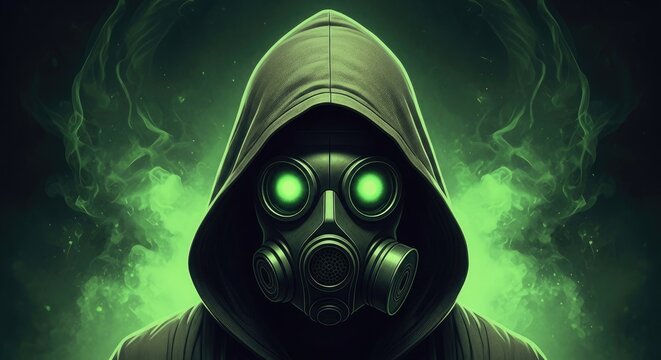 Mysterious hooded figure in gas mask with glowing green eyes